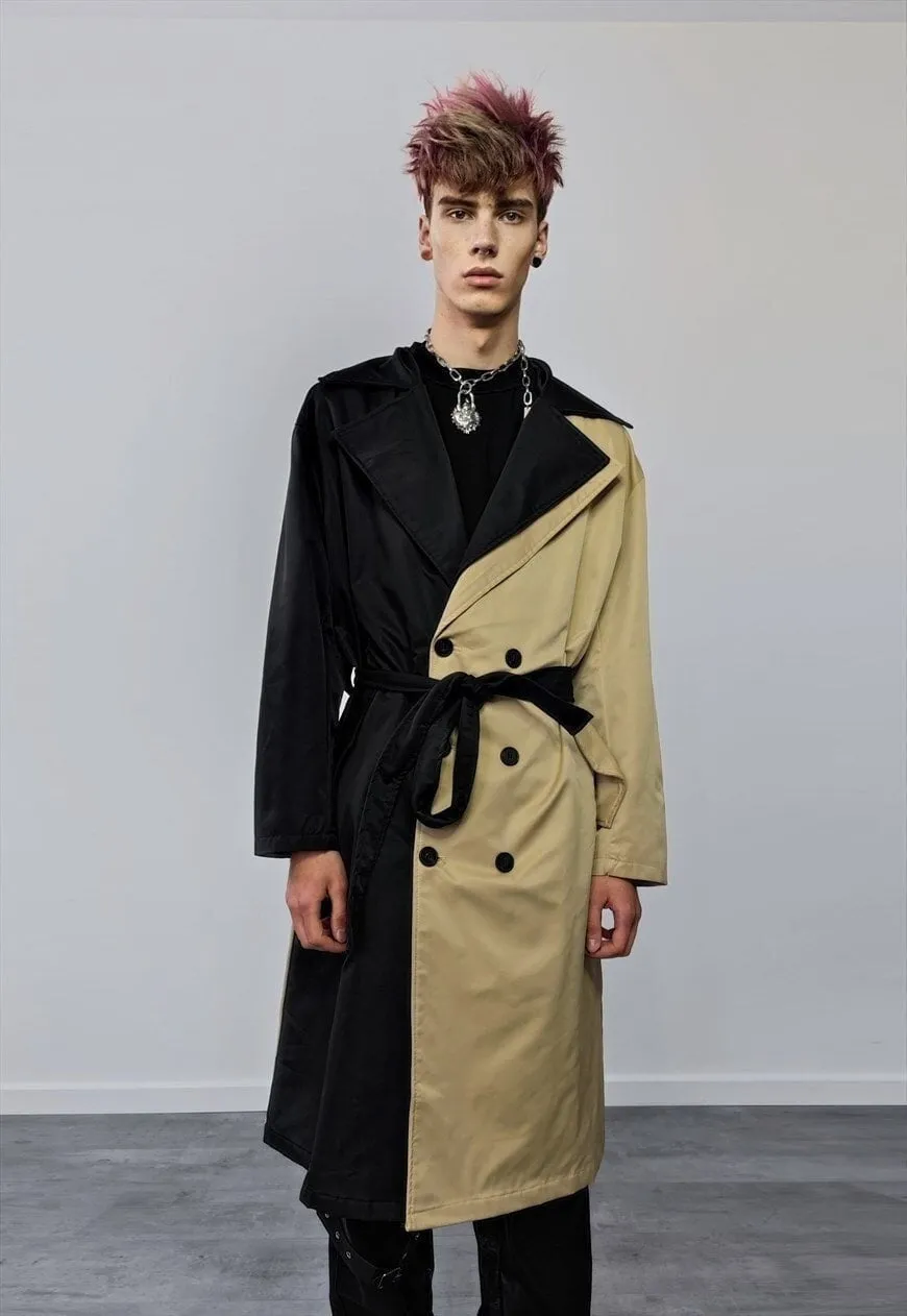Contrast colour stitched trench coat asymmetric mac in cream