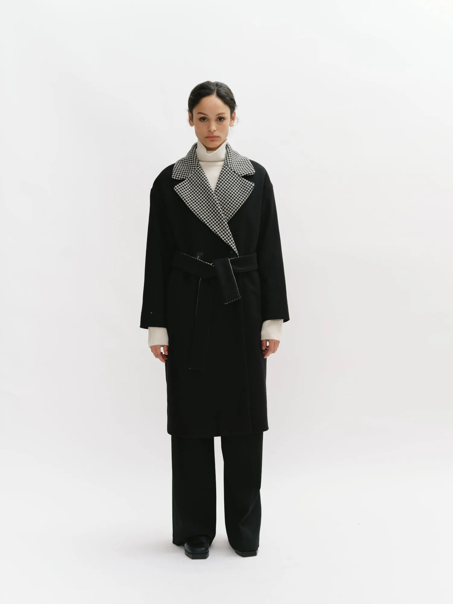 Double Breasted Wool & Prince of Wales Contrasted Long Coat