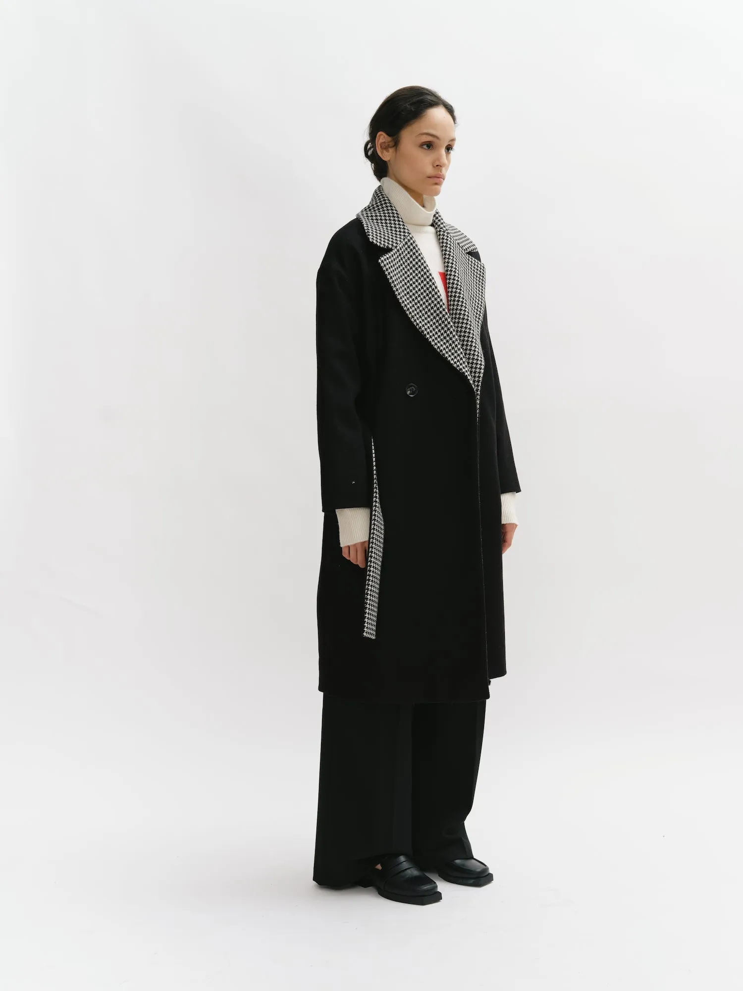 Double Breasted Wool & Prince of Wales Contrasted Long Coat
