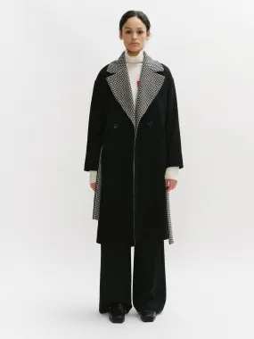 Double Breasted Wool & Prince of Wales Contrasted Long Coat