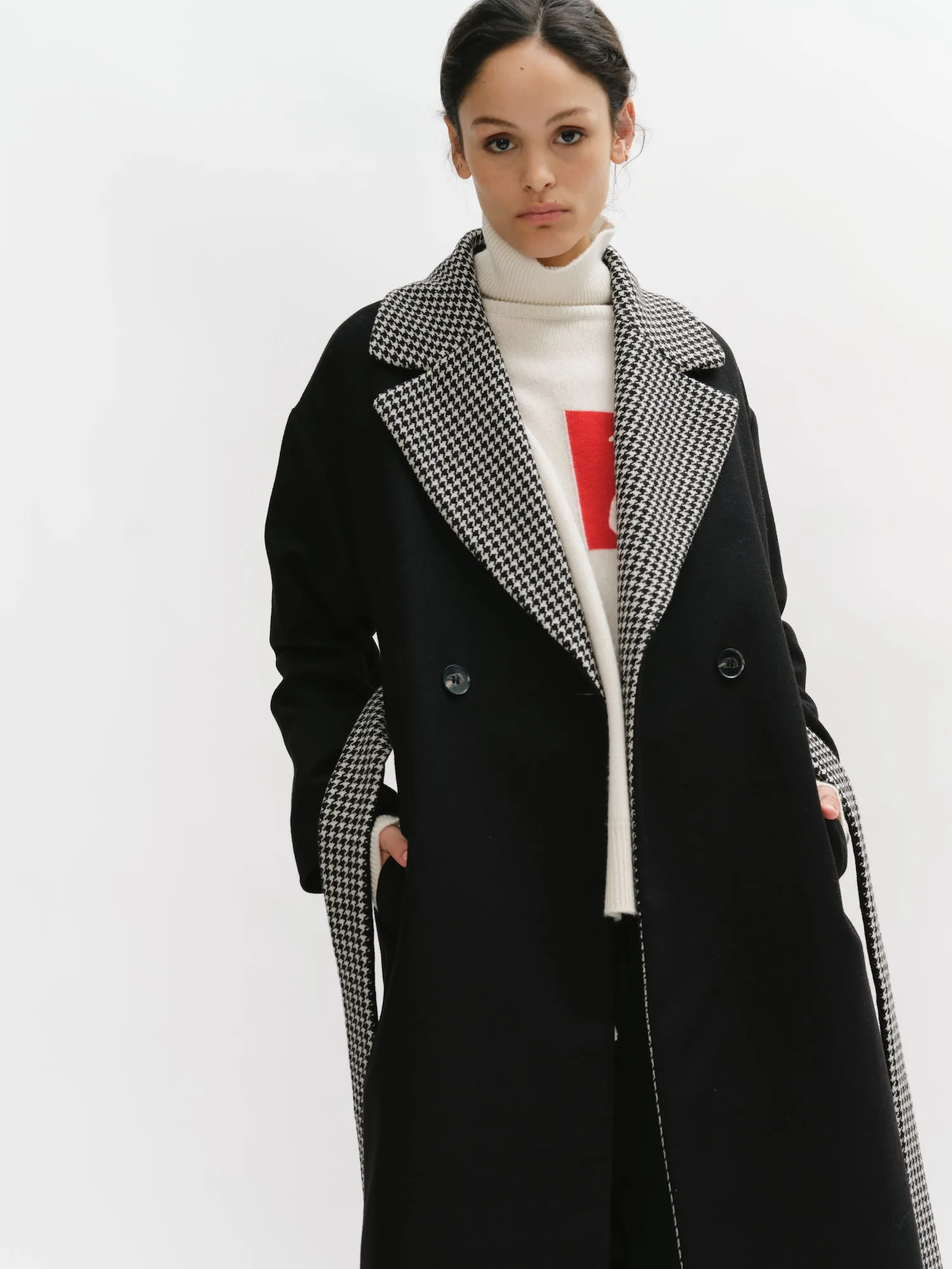 Double Breasted Wool & Prince of Wales Contrasted Long Coat