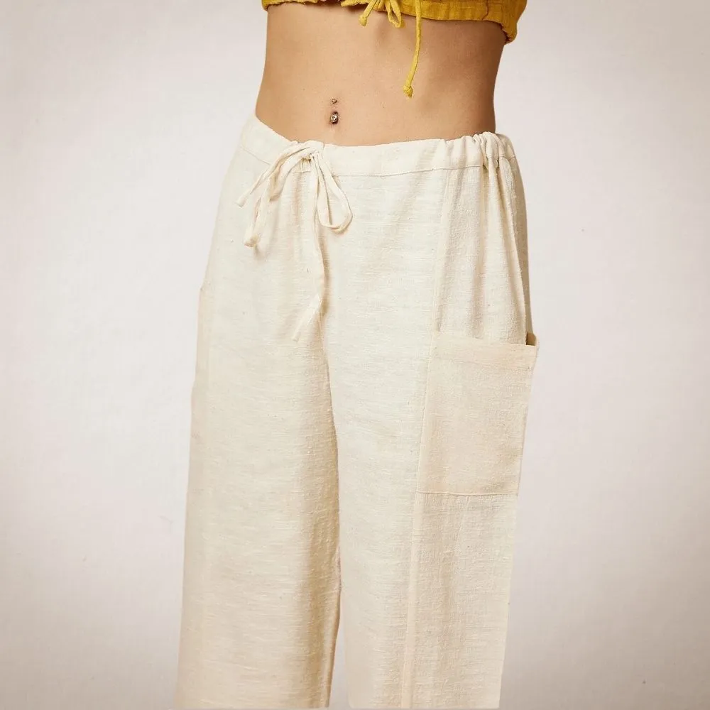 Drawstring Pants | Peace Silk Cotton Blend | Casual Cargo Style | Ivory