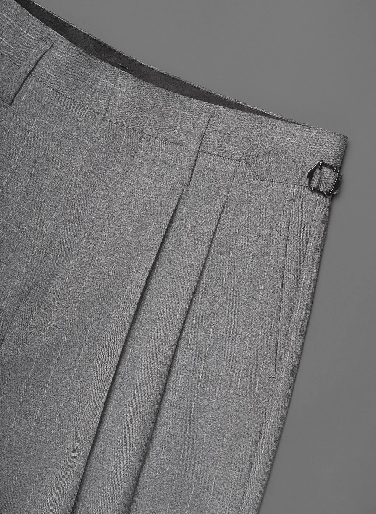Grey Pin Stripe Side Buckle Wide Leg Flare Wool Trousers