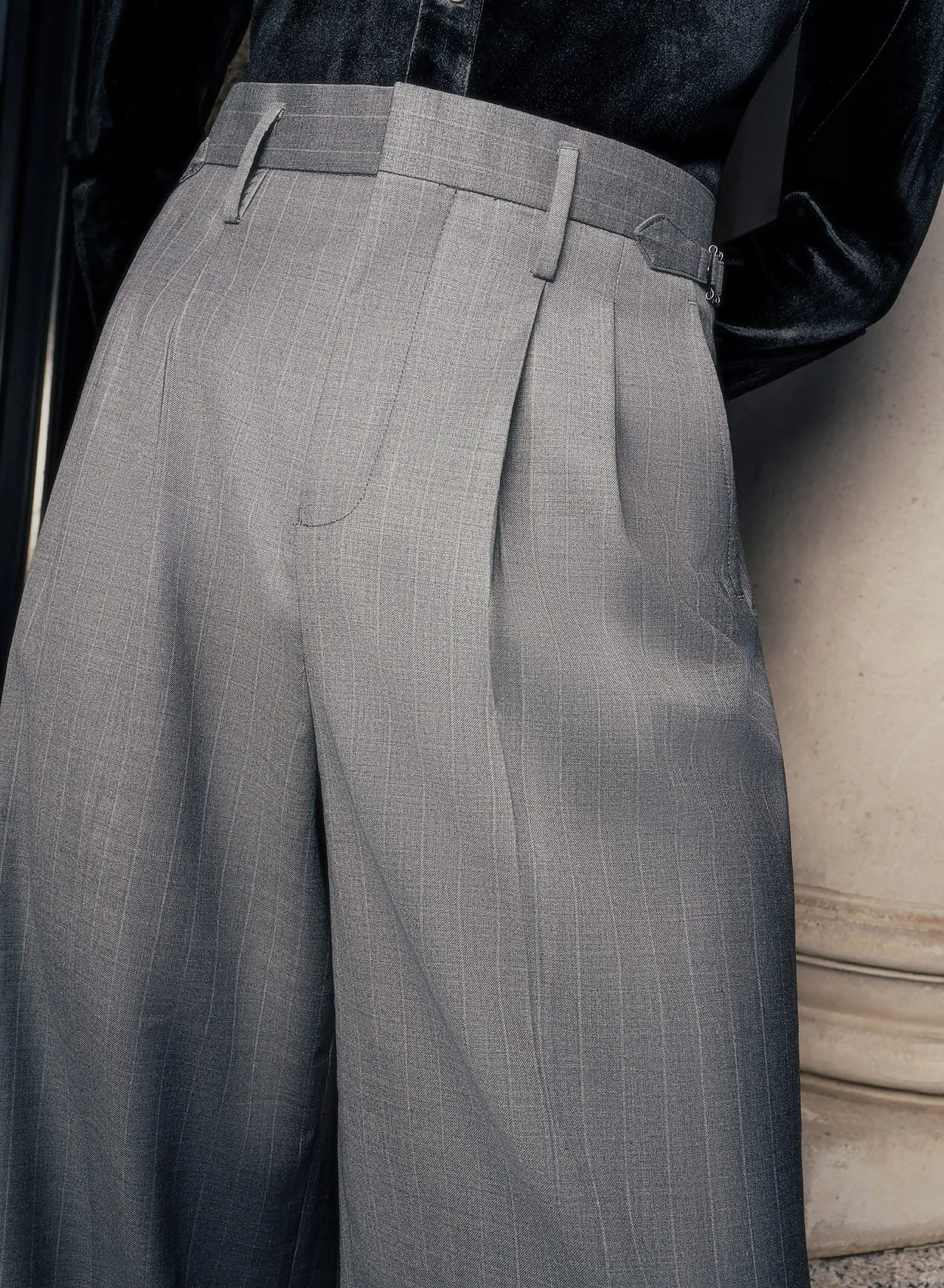 Grey Pin Stripe Side Buckle Wide Leg Flare Wool Trousers