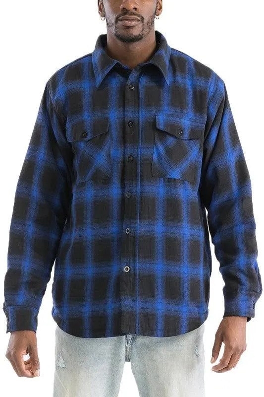 Mens Blue Black White Plaid Quilted Padded Flannel