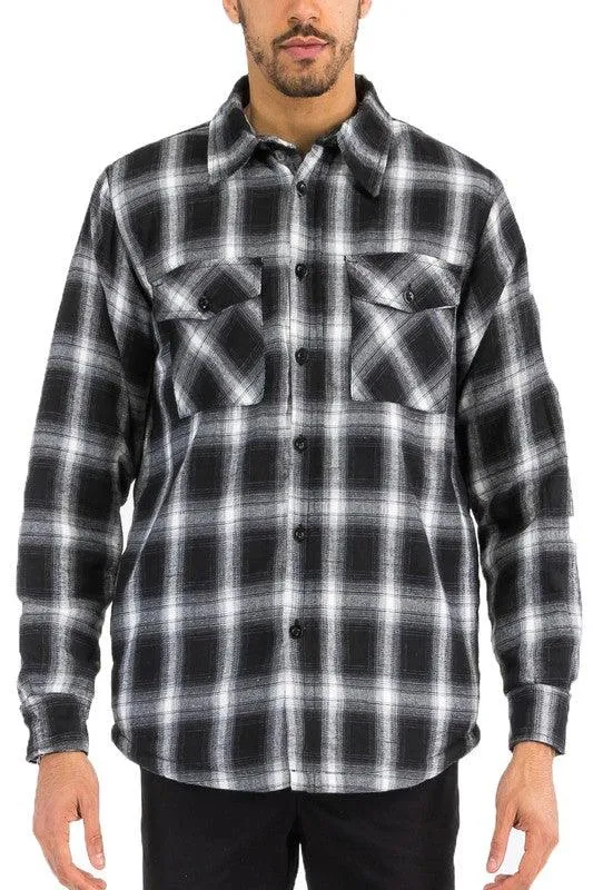 Mens Blue Black White Plaid Quilted Padded Flannel