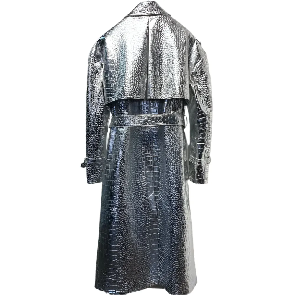 Metallic Croc Print Trench Coat