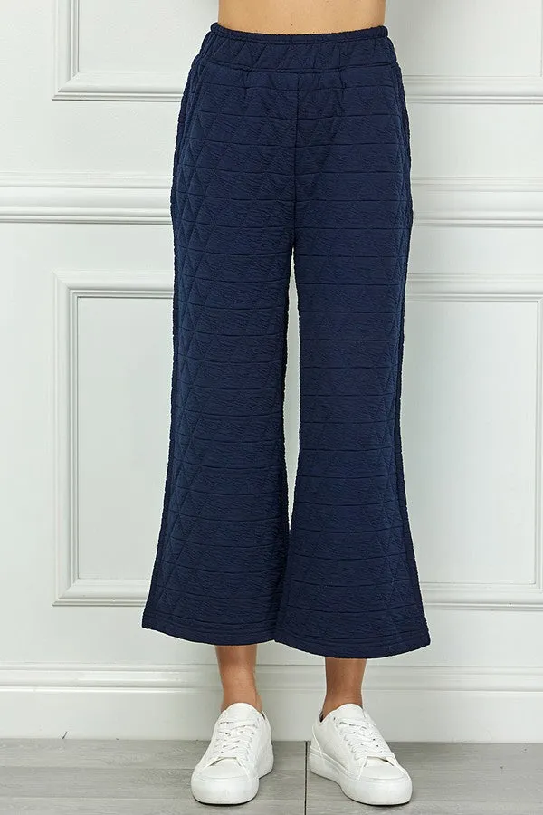 Navy Quilted Cropped Wide Pants