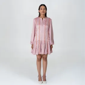 Pink-Orange Braided Short Gather Dress | Modal | Monochrome Elegance