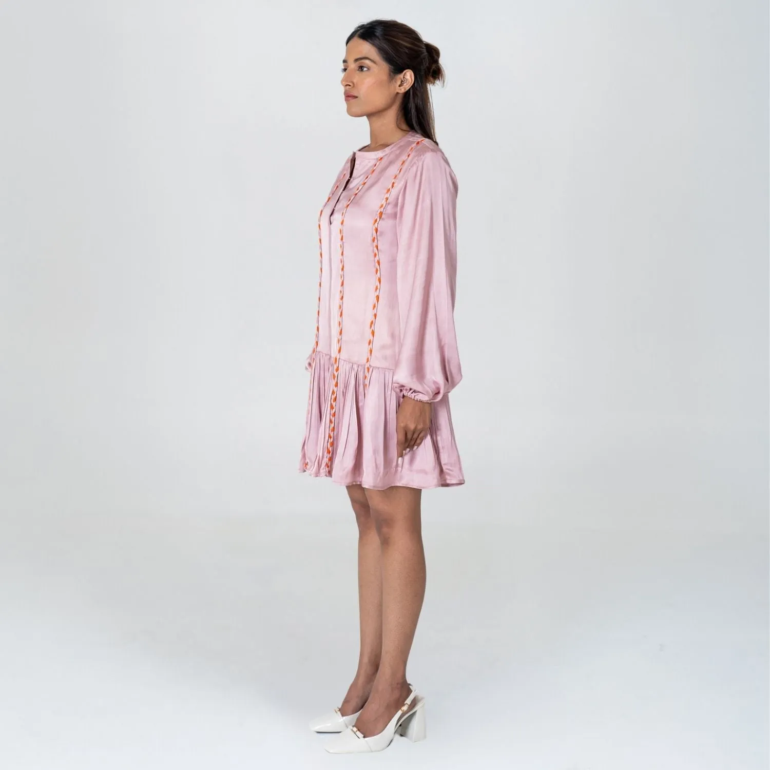 Pink-Orange Braided Short Gather Dress | Modal | Monochrome Elegance