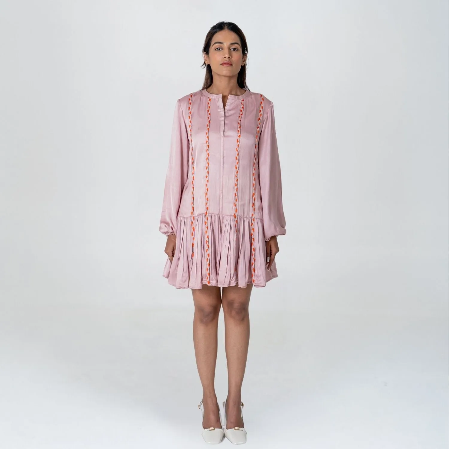 Pink-Orange Braided Short Gather Dress | Modal | Monochrome Elegance