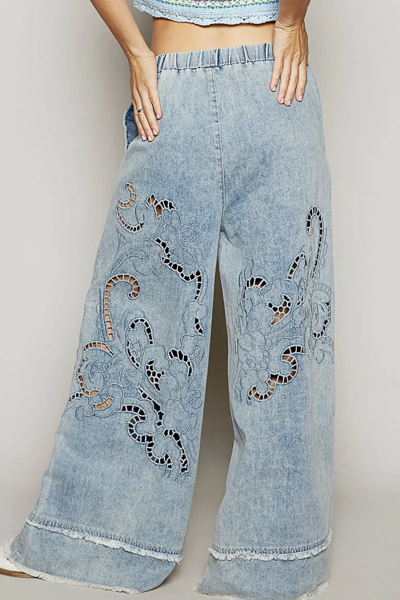 POL Drawstring Open floral design denim pants