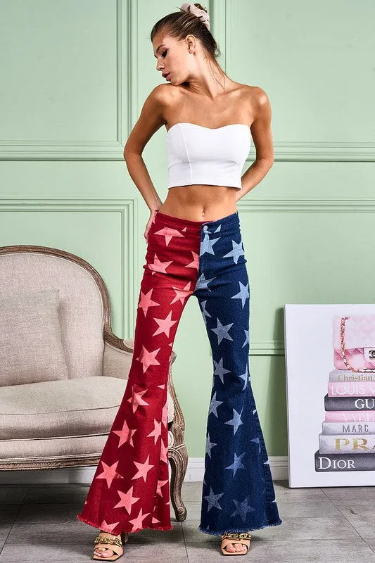 Red/Navy Star Print Bell Bottom Denim Pants