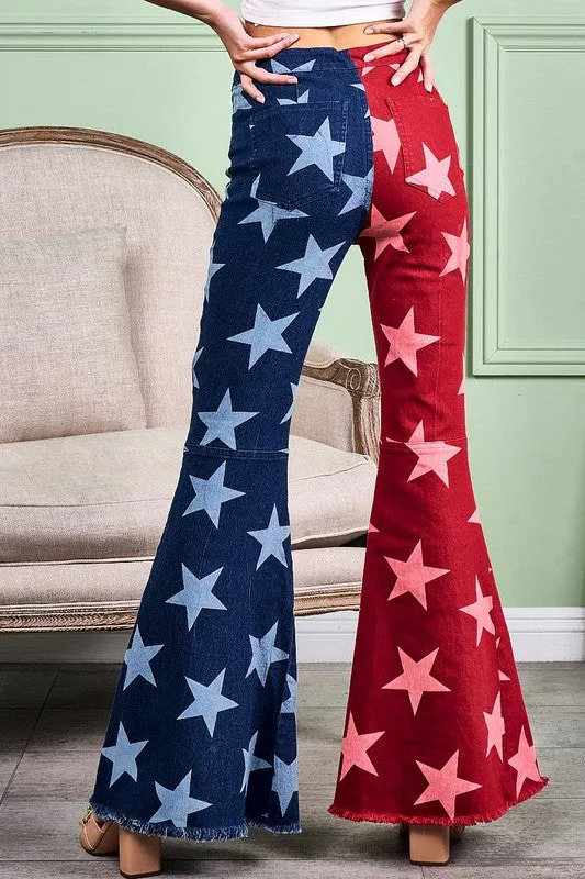 Red/Navy Star Print Bell Bottom Denim Pants