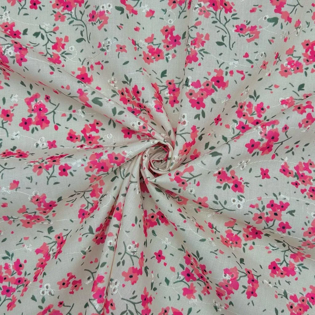 Simple Flowers Broderie Anglaise Polycotton Fabric