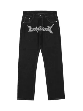 Sneakerhill Letter Print Dollar Black Baggy Jeans -1024