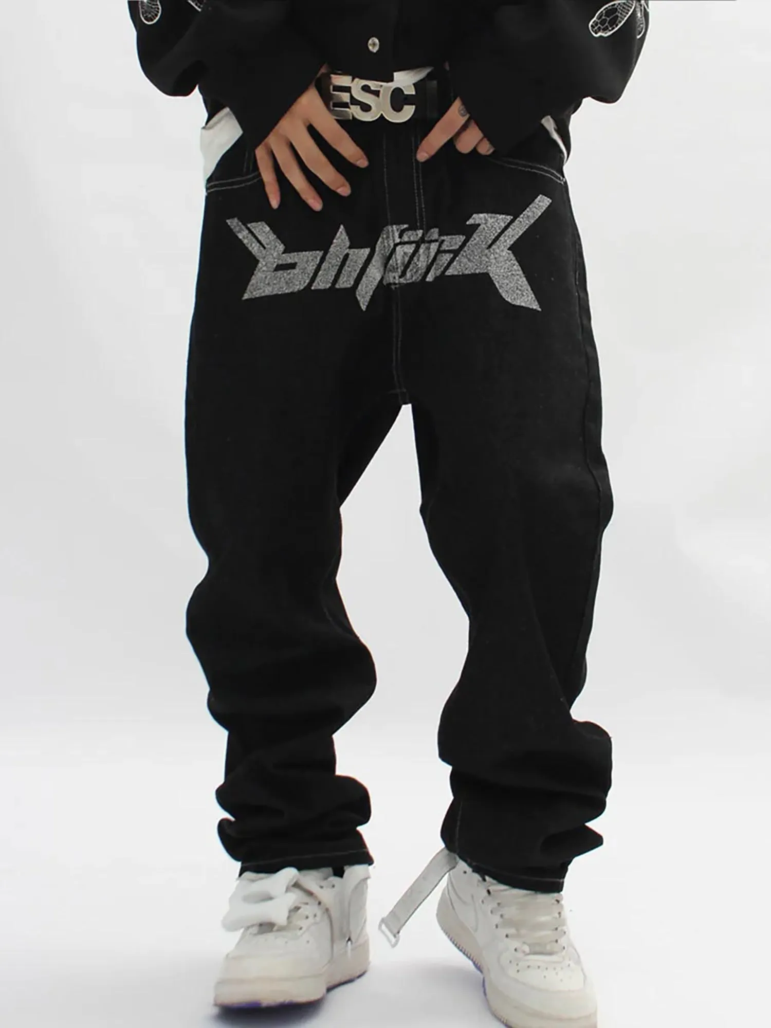 Sneakerhill Letter Print Dollar Black Baggy Jeans -1024