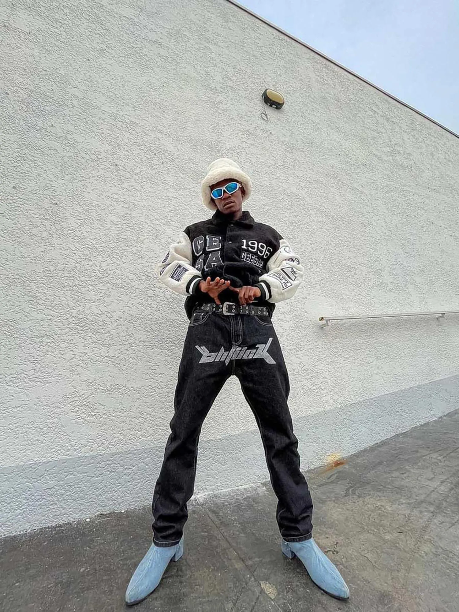 Sneakerhill Letter Print Dollar Black Baggy Jeans -1024