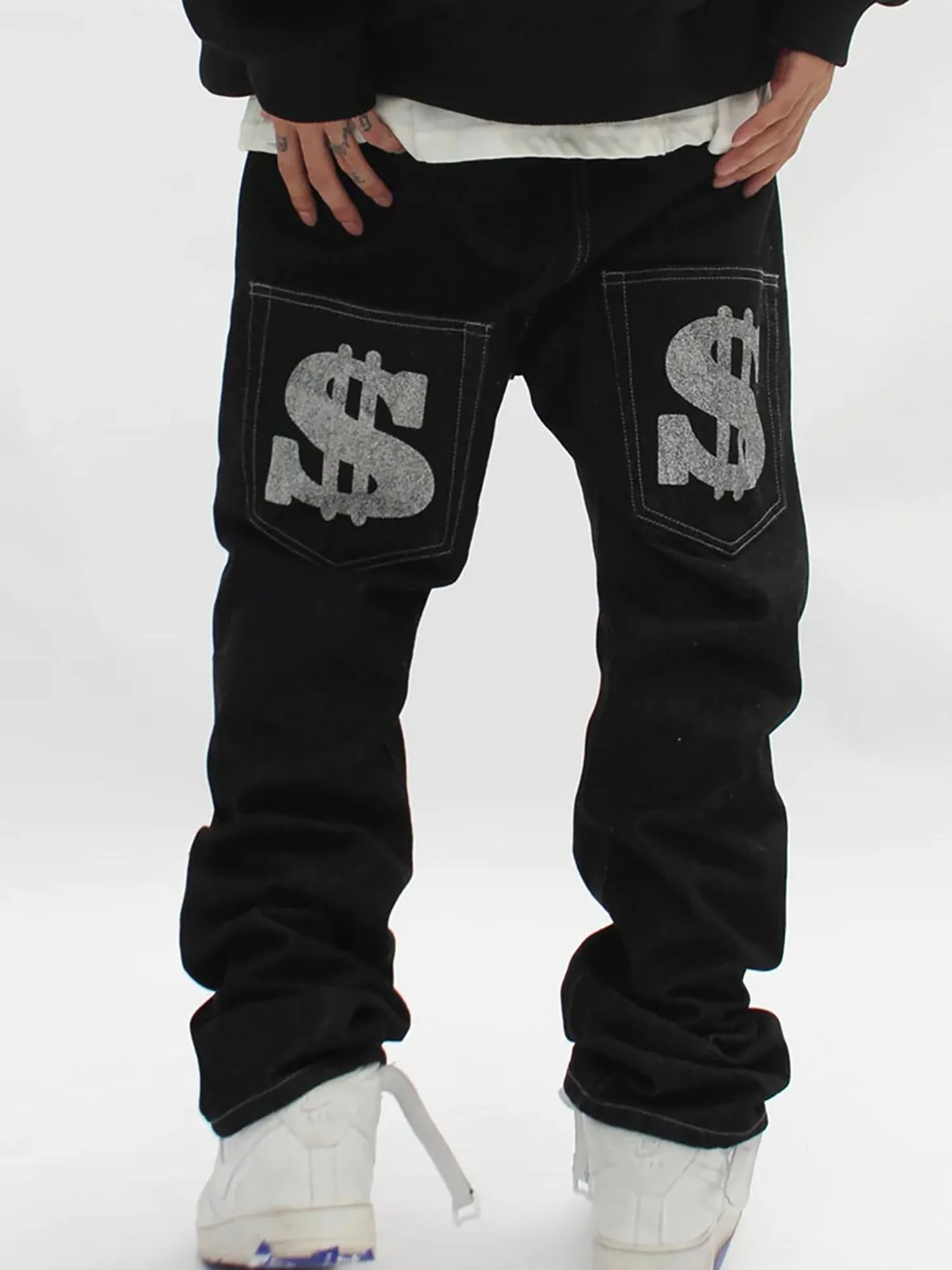 Sneakerhill Letter Print Dollar Black Baggy Jeans -1024