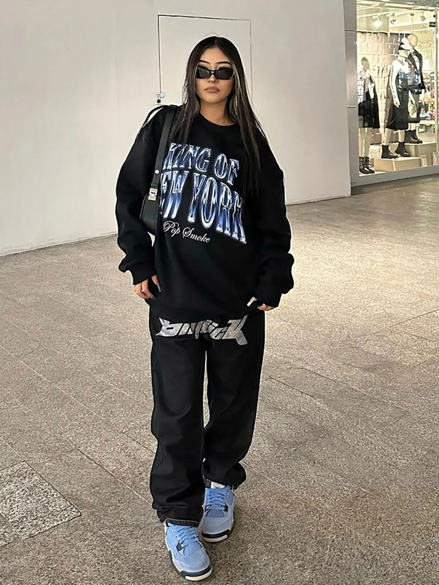 Sneakerhill Letter Print Dollar Black Baggy Jeans -1024