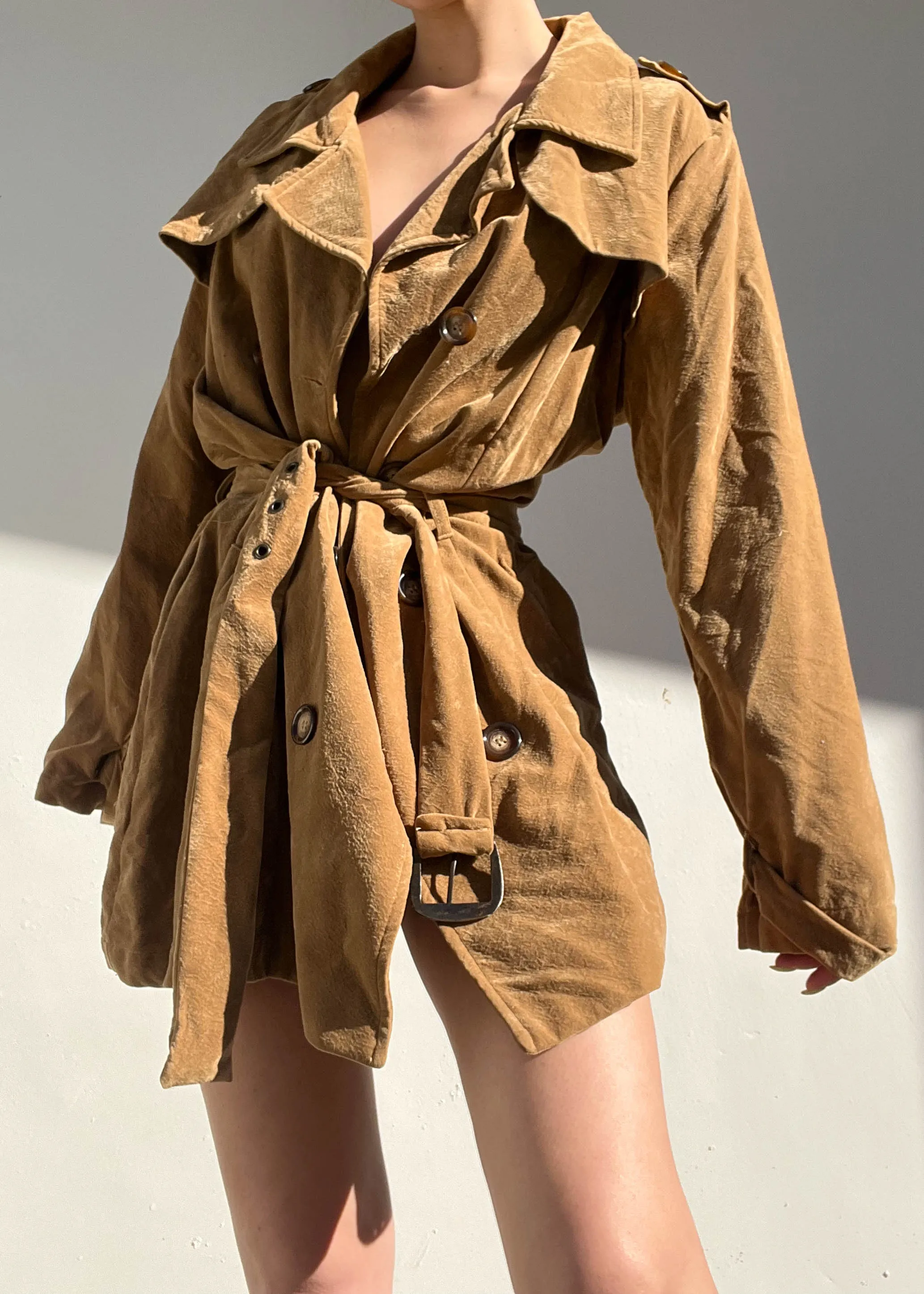 Tan Faux Suede Y2k Mini Trench (M)
