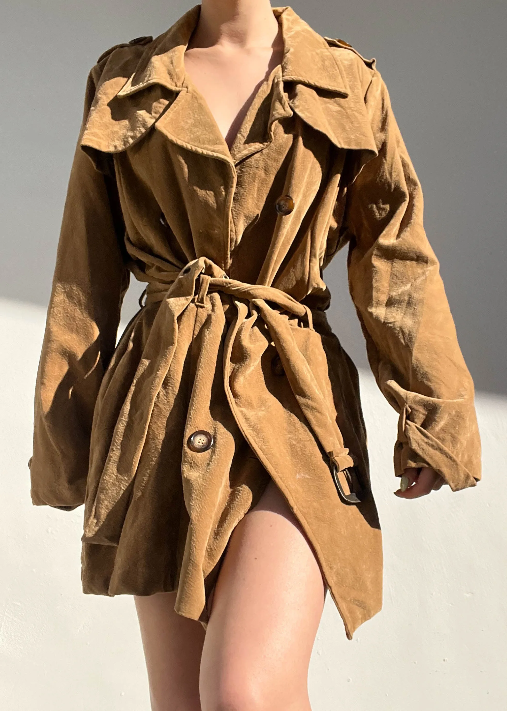 Tan Faux Suede Y2k Mini Trench (M)