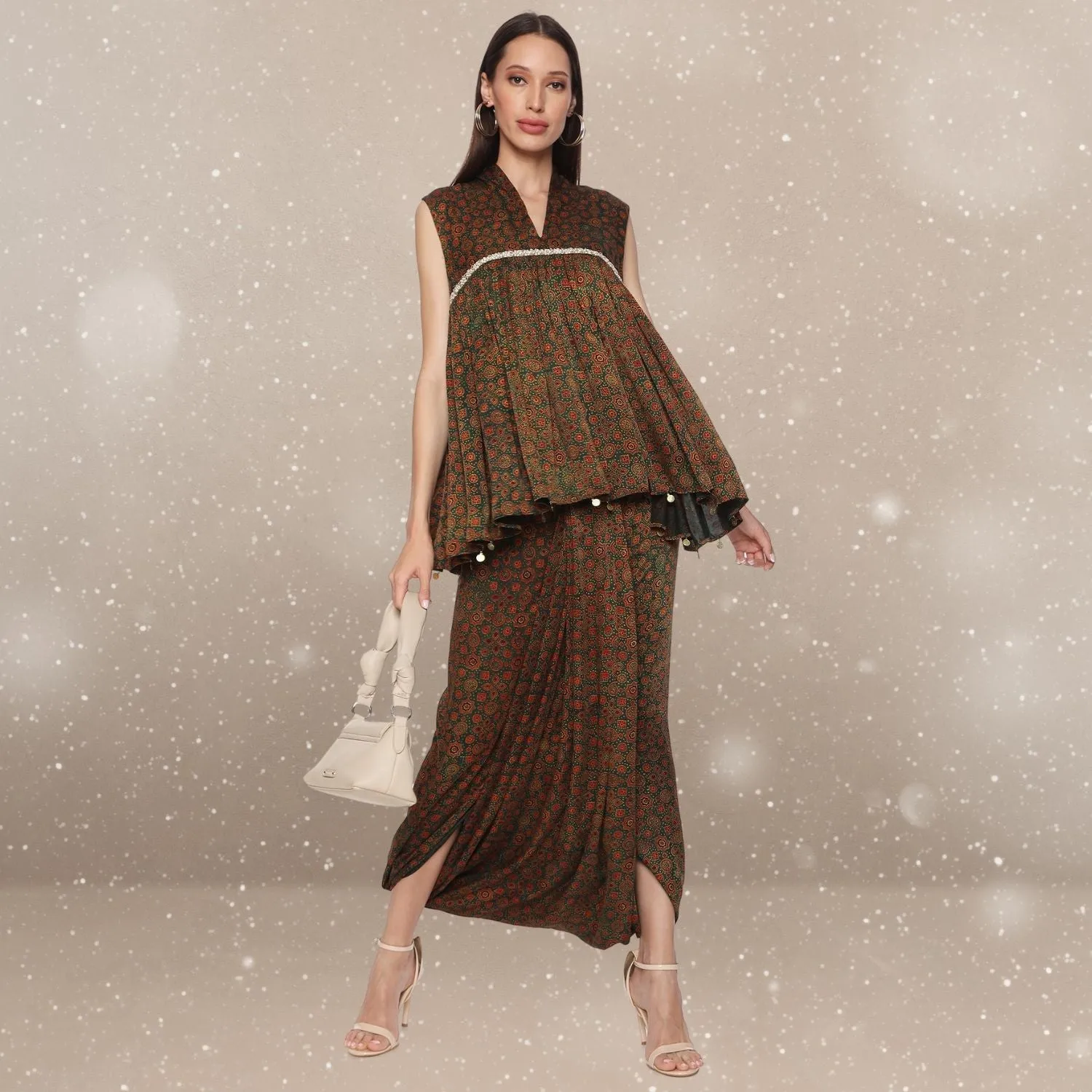 Valentina Flared Top & Dhoti Co-ord Set | Ajrakh | Monochrome Look | Elegant