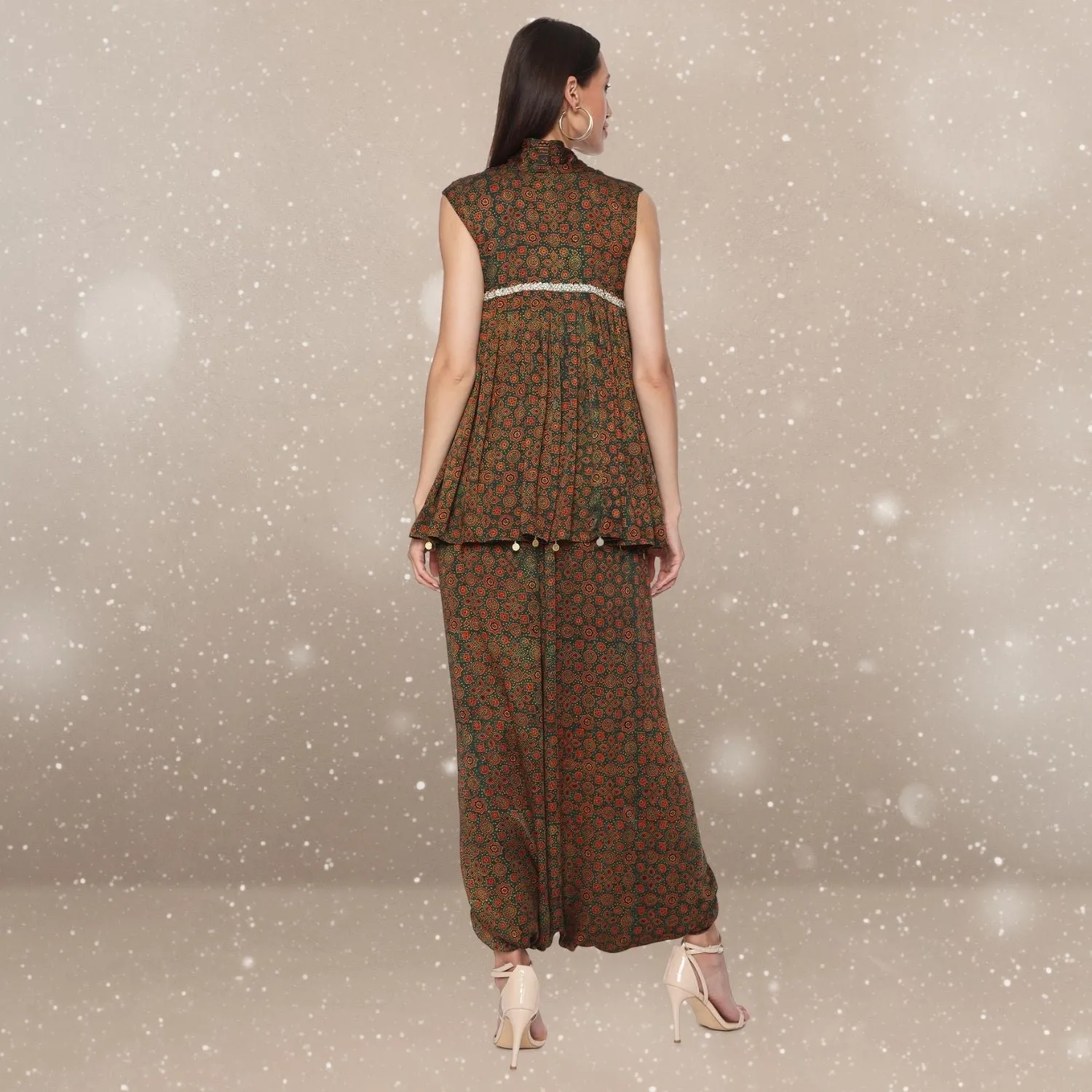 Valentina Flared Top & Dhoti Co-ord Set | Ajrakh | Monochrome Look | Elegant