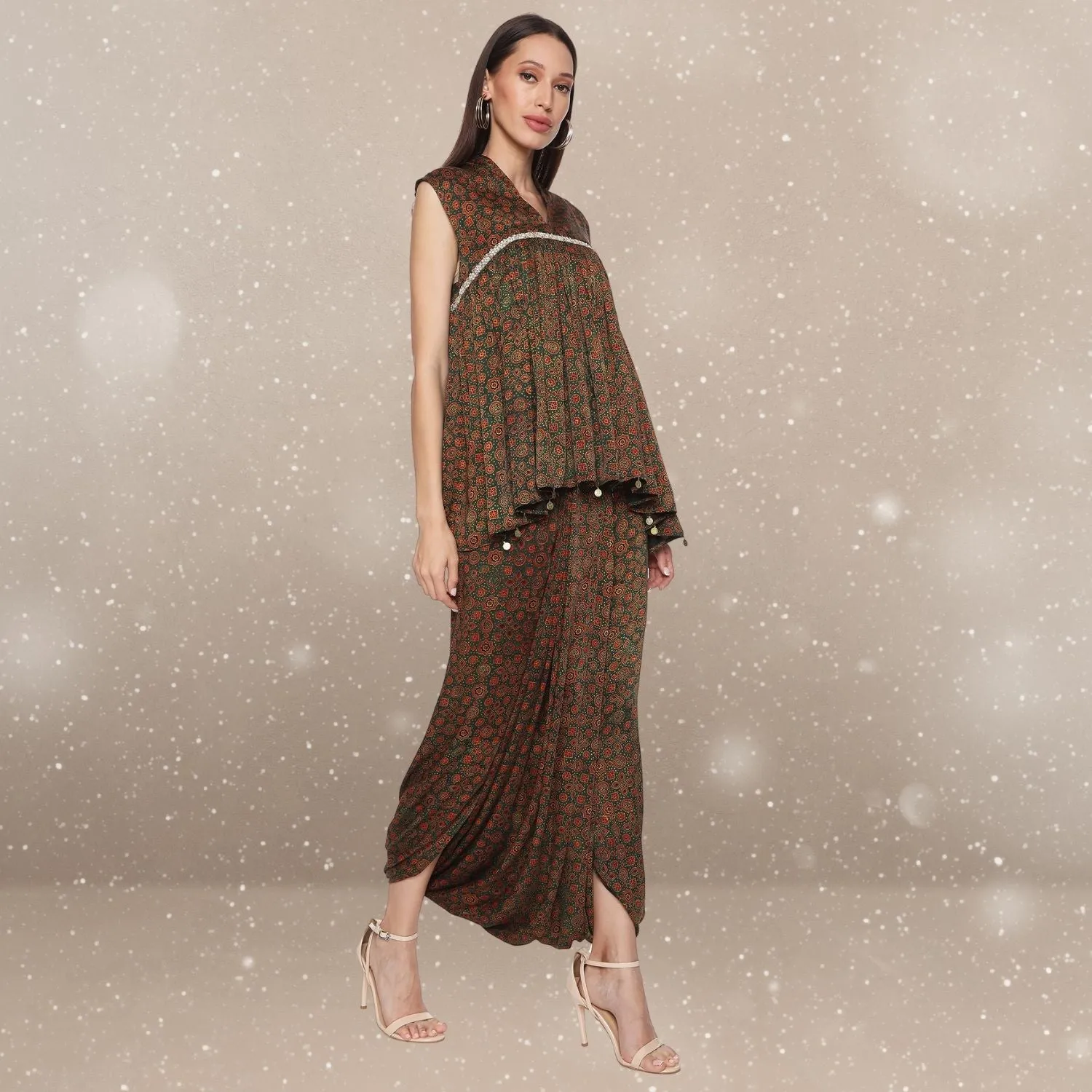 Valentina Flared Top & Dhoti Co-ord Set | Ajrakh | Monochrome Look | Elegant