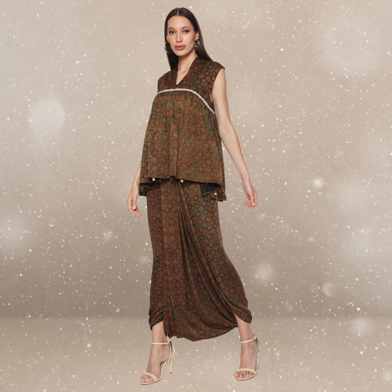 Valentina Flared Top & Dhoti Co-ord Set | Ajrakh | Monochrome Look | Elegant