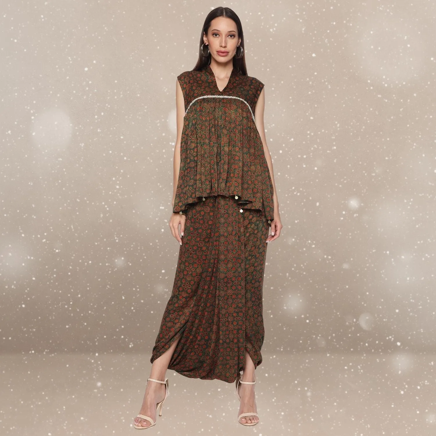 Valentina Flared Top & Dhoti Co-ord Set | Ajrakh | Monochrome Look | Elegant