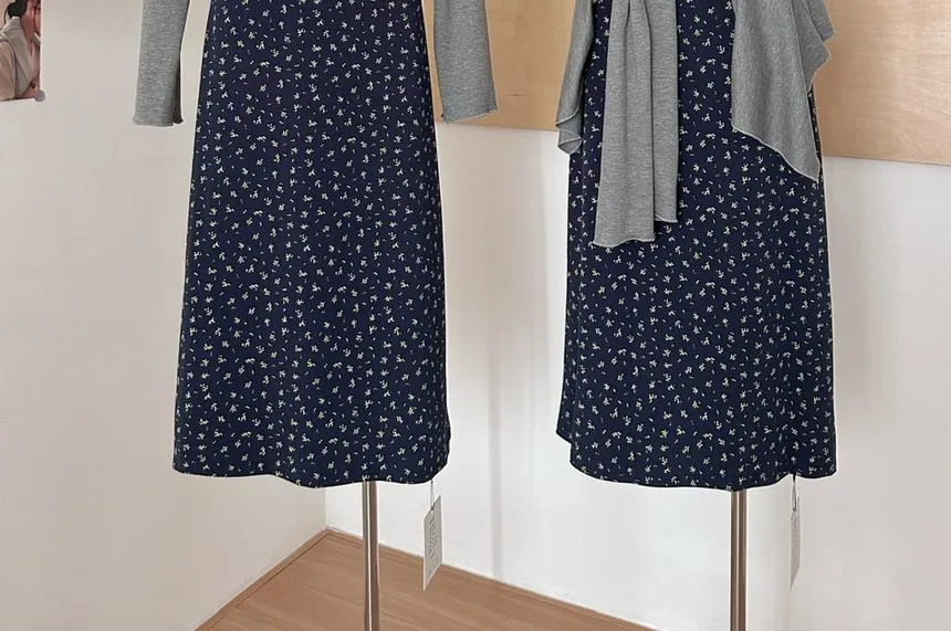 (Various Spaghetti Front Designs) Strap Lace A-Line Floral Dress Open V-Neck Set: Plain   Trim Print Cardigan