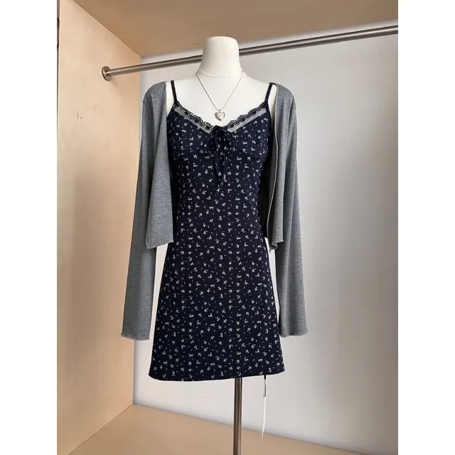(Various Spaghetti Front Designs) Strap Lace A-Line Floral Dress Open V-Neck Set: Plain   Trim Print Cardigan