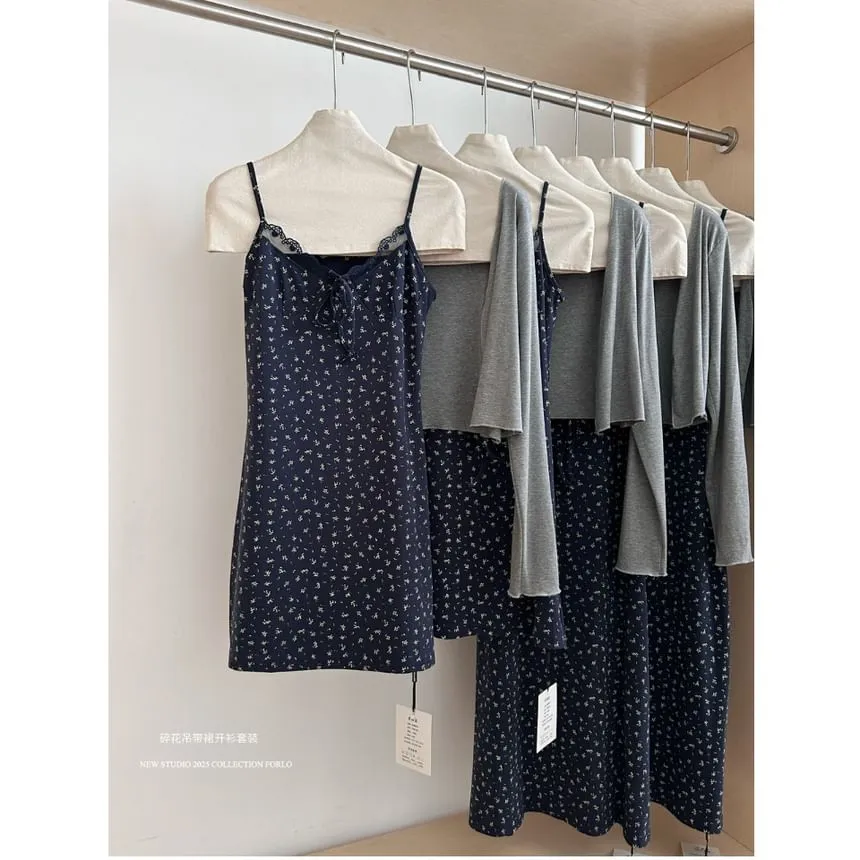(Various Spaghetti Front Designs) Strap Lace A-Line Floral Dress Open V-Neck Set: Plain   Trim Print Cardigan