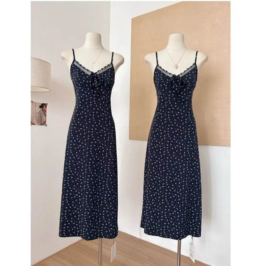 (Various Spaghetti Front Designs) Strap Lace A-Line Floral Dress Open V-Neck Set: Plain   Trim Print Cardigan