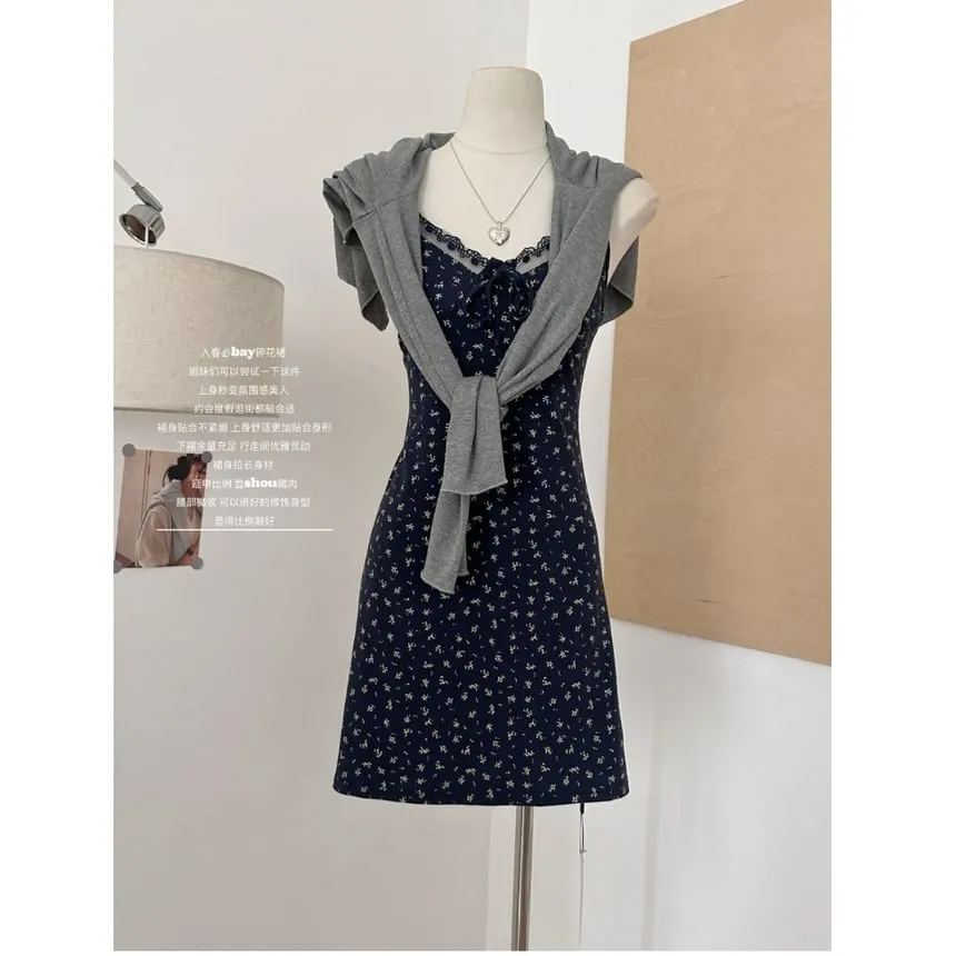 (Various Spaghetti Front Designs) Strap Lace A-Line Floral Dress Open V-Neck Set: Plain   Trim Print Cardigan