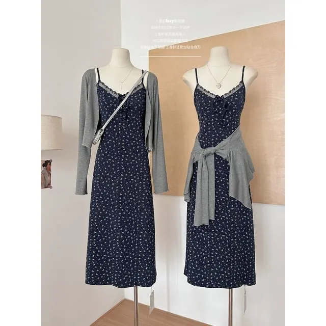 (Various Spaghetti Front Designs) Strap Lace A-Line Floral Dress Open V-Neck Set: Plain   Trim Print Cardigan
