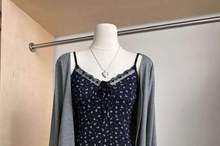 (Various Spaghetti Front Designs) Strap Lace A-Line Floral Dress Open V-Neck Set: Plain   Trim Print Cardigan