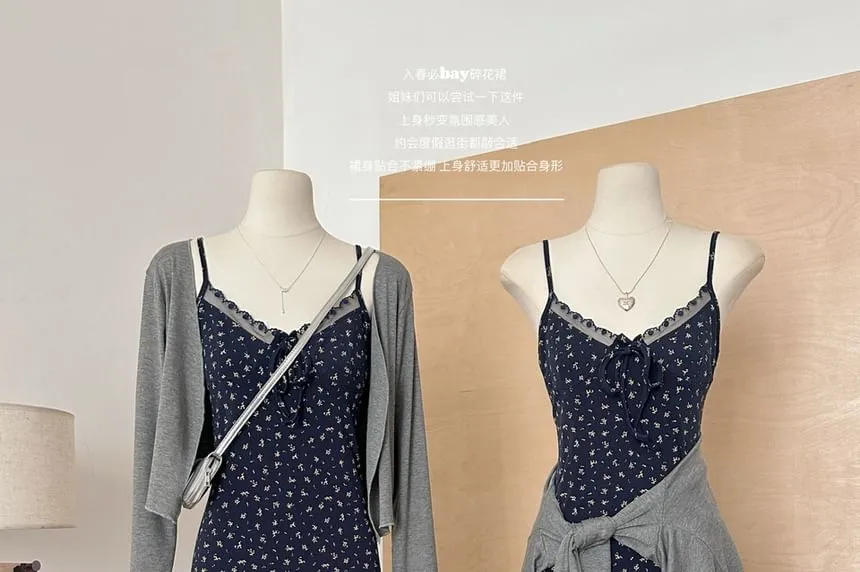 (Various Spaghetti Front Designs) Strap Lace A-Line Floral Dress Open V-Neck Set: Plain   Trim Print Cardigan
