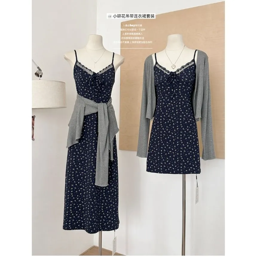 (Various Spaghetti Front Designs) Strap Lace A-Line Floral Dress Open V-Neck Set: Plain   Trim Print Cardigan