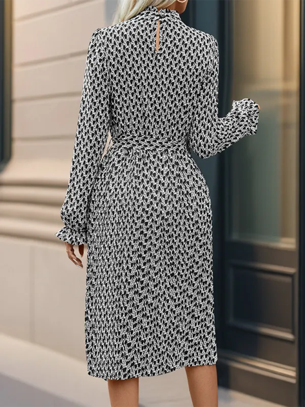 Women Monochrome Belted Dress with Lantern Sleeves